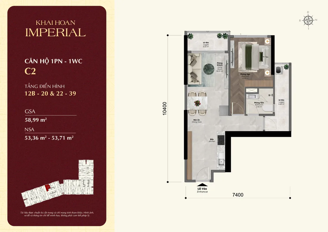 Layout căn hộ 1 phòng ngủ