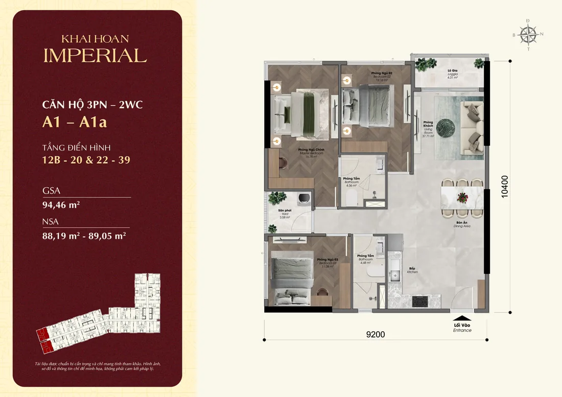 Layout căn hộ 2 phòng ngủ